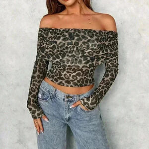 Multicolor Casual Women's Leopard Print Off-Shoulder Form-Fitting Top